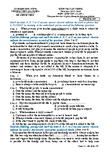 Đề kiểm tra tập trung môn Tiếng Anh Lớp 12 lần 1 - Năm học 2017-2018 - Trường THPT Gia Nghĩa - Mã đề thi 497