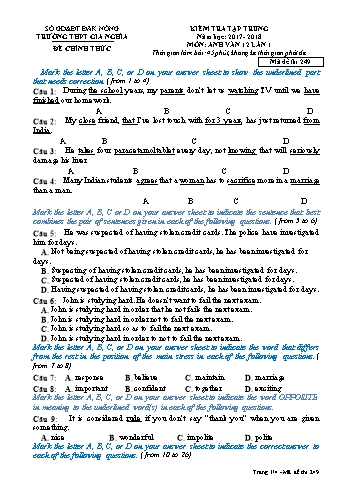 Đề kiểm tra tập trung môn Tiếng Anh Lớp 12 lần 1 - Năm học 2017-2018 - Trường THPT Gia Nghĩa - Mã đề thi 249