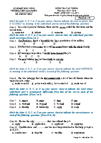 Đề kiểm tra tập trung môn Tiếng Anh Lớp 12 lần 2 - Năm học 2017-2018 - Trường THPT Gia Nghĩa - Mã đề thi 179