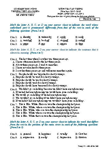 Đề kiểm tra tập trung môn Tiếng Anh Lớp 12 lần 2 - Năm học 2017-2018 - Trường THPT Gia Nghĩa - Mã đề thi 260