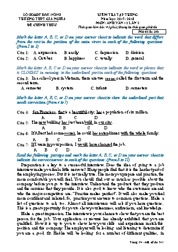 Đề kiểm tra tập trung môn Tiếng Anh Lớp 12 lần 2 - Năm học 2017-2018 - Trường THPT Gia Nghĩa - Mã đề thi 341