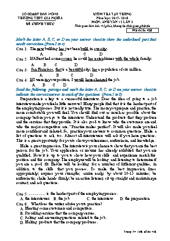 Đề kiểm tra tập trung môn Tiếng Anh Lớp 12 lần 2 - Năm học 2017-2018 - Trường THPT Gia Nghĩa - Mã đề thi 458