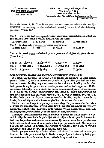 Đề kiểm tra tập trung môn Tiếng Anh Lớp 12 lần 3 - Năm học 2017-2018 - Trường THPT Gia Nghĩa - Mã đề thi 261