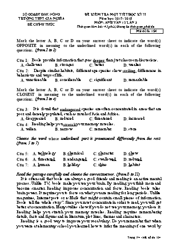 Đề kiểm tra tập trung môn Tiếng Anh Lớp 12 lần 3 - Năm học 2017-2018 - Trường THPT Gia Nghĩa - Mã đề thi 154