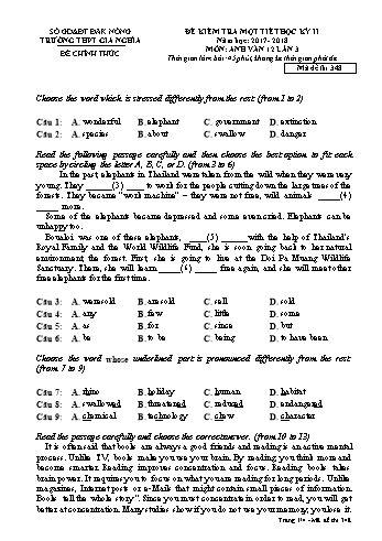 Đề kiểm tra tập trung môn Tiếng Anh Lớp 12 lần 3 - Năm học 2017-2018 - Trường THPT Gia Nghĩa - Mã đề thi 348