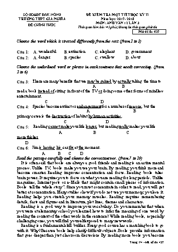 Đề kiểm tra tập trung môn Tiếng Anh Lớp 12 lần 3 - Năm học 2017-2018 - Trường THPT Gia Nghĩa - Mã đề thi 427