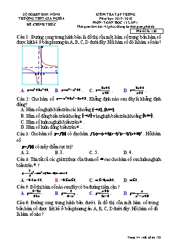 Đề kiểm tra tập trung môn Toán Đại số Lớp 12 lần 1 - Năm học 2017-2018 - Trường THPT Gia Nghĩa