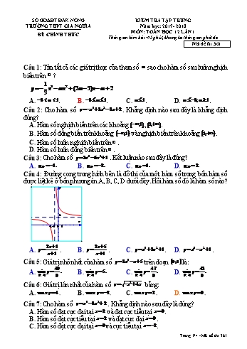 Đề kiểm tra tập trung môn Toán Đại số Lớp 12 lần 1 - Năm học 2017-2018 - Trường THPT Gia Nghĩa - Mã đề thi 361