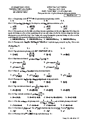 Đề kiểm tra tập trung môn Toán Đại số Lớp 12 lần 3 - Năm học 2017-2018 - Trường THPT Gia Nghĩa - Mã đề thi 317