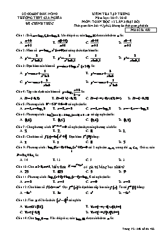 Đề kiểm tra tập trung môn Toán Đại số Lớp 12 lần 3 - Năm học 2017-2018 - Trường THPT Gia Nghĩa - Mã đề thi 482