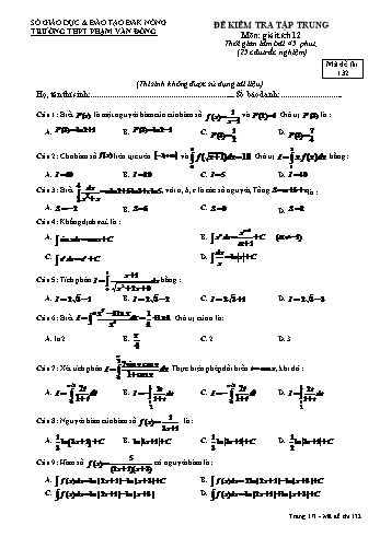 Đề kiểm tra tập trung môn Toán Giải tích Lớp 12 - Năm học 2016-2017 - Trường THPT Phạm Văn Đồng - Mã đề thi 132