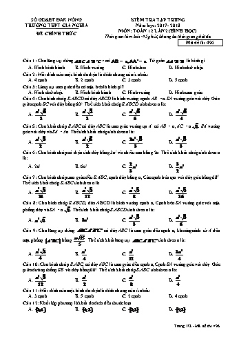 Đề kiểm tra tập trung môn Toán Hình học Lớp 12 lần 2 - Năm học 2017-2018 - Trường THPT Gia Nghĩa - Mã đề thi 496