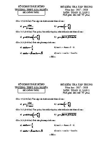 Đề kiểm tra tập trung môn Toán Lớp 11 lần 1 - Năm học 2017-2018 - Trường THPT Gia Nghĩa