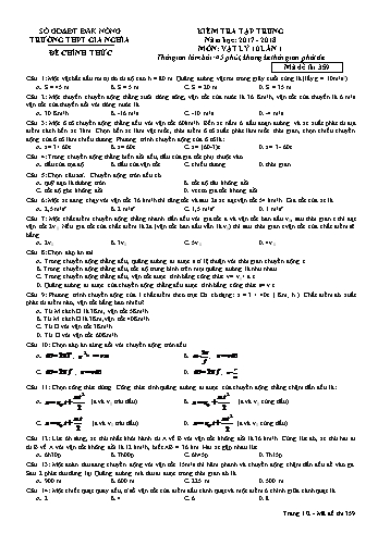Đề kiểm tra tập trung môn Vật lý Lớp 10 lần 1 - Năm học 2017-2018 - Trường THPT Gia Nghĩa - Mã đề thi 359