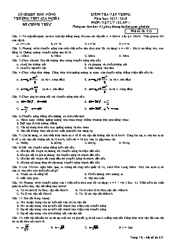 Đề kiểm tra tập trung môn Vật lý Lớp 10 - Năm học 2017-2018 - Trường THPT Gia Nghĩa - Mã đề thi 213