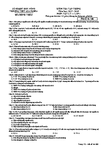 Đề kiểm tra tập trung môn Vật lý Lớp 11 lần 1 - Năm học 2017-2018 - Trường THPT Gia Nghĩa - Mã đề thi 280