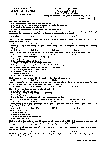 Đề kiểm tra tập trung môn Vật lý Lớp 11 lần 1 - Năm học 2017-2018 - Trường THPT Gia Nghĩa - Mã đề thi 428