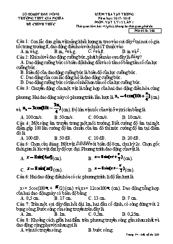 Đề kiểm tra tập trung môn Vật lý Lớp 12 lần 1 - Năm học 2017-2018 - Trường THPT Gia Nghĩa - Mã đề thi 250
