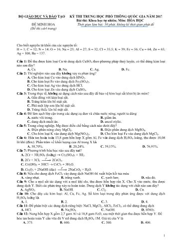 Đề minh họa Kỳ thi Trung học phổ thông Quốc gia môn Hóa học - Năm học 2016-2017