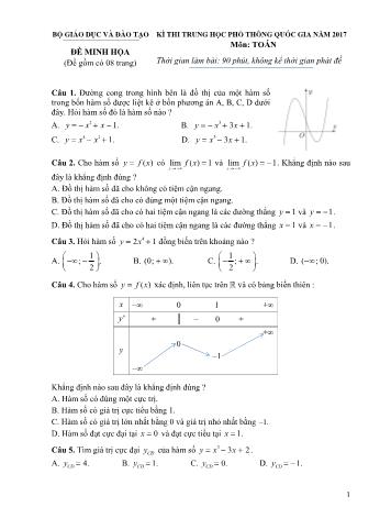 Đề minh họa môn Toán Kỳ thi THPT Quốc gia - Năm học 2016-2017 (Có đáp án)