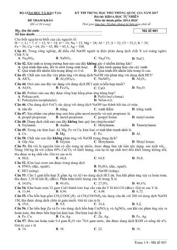 Đề tham khảo Kỳ thi Trung học phổ thông Quốc gia môn Hóa học - Năm học 2016-2017