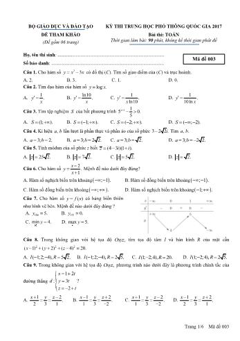 Đề tham khảo Kỳ thi Trung học phổ thông Quốc gia môn Toán học - Năm học 2016-2017