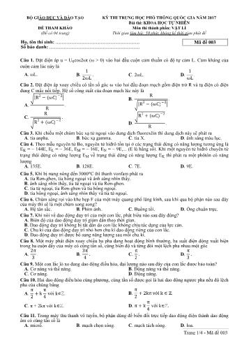 Đề tham khảo Kỳ thi Trung học phổ thông Quốc gia môn Vật lý - Năm học 2016-2017