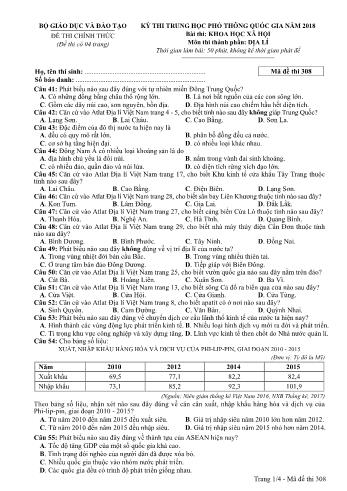Đề thi chính thức môn Địa lý THPT quốc gia năm 2018 - Mã đề thi 308 (Có đáp án)
