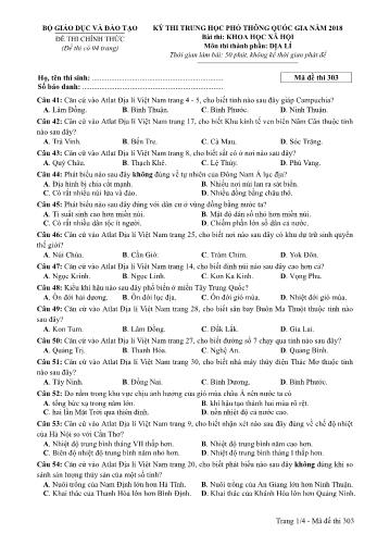 Đề thi chính thức môn Địa lý THPT quốc gia năm 2018 - Mã đề thi 303 (Có đáp án)