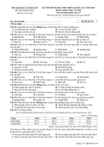 Đề thi chính thức môn Địa lý THPT quốc gia năm 2018 - Mã đề thi 314 (Có đáp án)