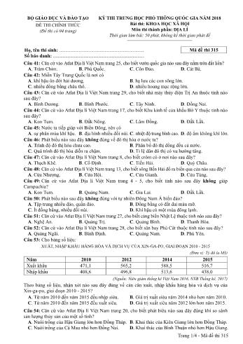 Đề thi chính thức môn Địa lý THPT quốc gia năm 2018 - Mã đề thi 315 (Có đáp án)