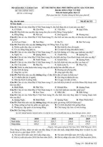 Đề thi chính thức môn Địa lý THPT quốc gia năm 2018 - Mã đề thi 322 (Có đáp án)