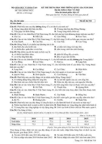 Đề thi chính thức môn Địa lý THPT quốc gia năm 2018 - Mã đề thi 310 (Có đáp án)