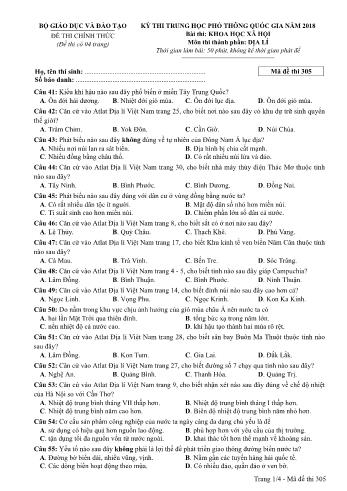 Đề thi chính thức môn Địa lý THPT quốc gia năm 2018 - Mã đề thi 305 (Có đáp án)