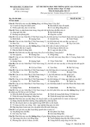 Đề thi chính thức môn Địa lý THPT quốc gia năm 2018 - Mã đề thi 304 (Có đáp án)