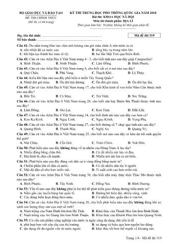Đề thi chính thức môn Địa lý THPT quốc gia năm 2018 - Mã đề thi 319 (Có đáp án)