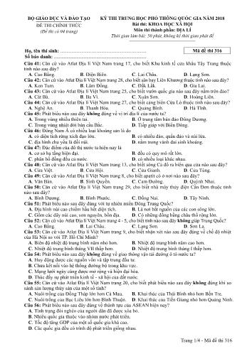 Đề thi chính thức môn Địa lý THPT quốc gia năm 2018 - Mã đề thi 316 (Có đáp án)