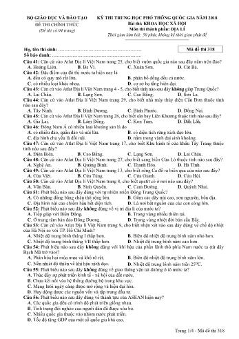 Đề thi chính thức môn Địa lý THPT quốc gia năm 2018 - Mã đề thi 318 (Có đáp án)