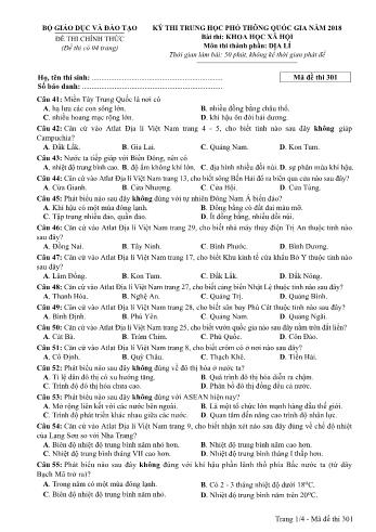 Đề thi chính thức môn Địa lý THPT quốc gia năm 2018 - Mã đề thi 301 (Có đáp án)