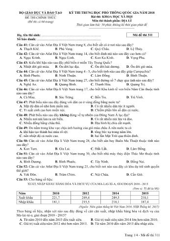 Đề thi chính thức môn Địa lý THPT quốc gia năm 2018 - Mã đề thi 311 (Có đáp án)