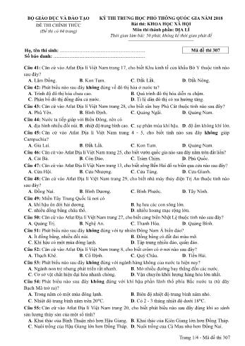 Đề thi chính thức môn Địa lý THPT quốc gia năm 2018 - Mã đề thi 307 (Có đáp án)