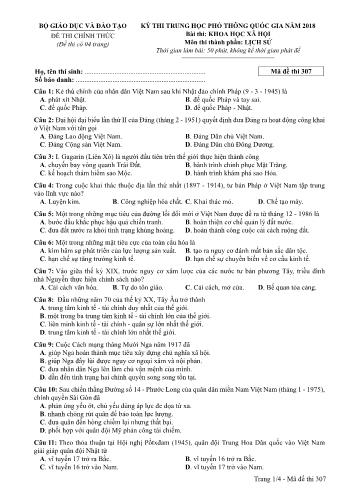 Đề thi chính thức môn Lịch sử THPT quốc gia năm 2018 - Mã đề thi 307 (Có đáp án)