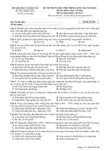 Đề thi chính thức môn Lịch sử THPT quốc gia năm 2018 - Mã đề thi 304 (Có đáp án)