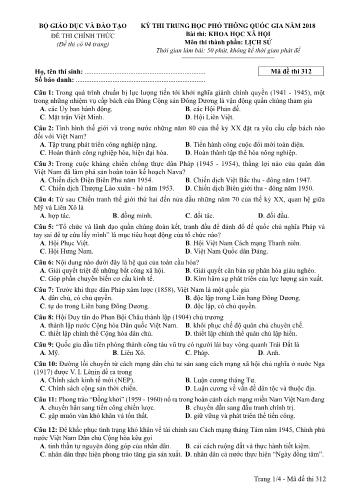 Đề thi chính thức môn Lịch sử THPT quốc gia năm 2018 - Mã đề thi 312 (Có đáp án)