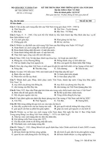 Đề thi chính thức môn Lịch sử THPT quốc gia năm 2018 - Mã đề thi 308 (Có đáp án)