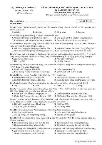 Đề thi chính thức môn Lịch sử THPT quốc gia năm 2018 - Mã đề thi 320 (Có đáp án)