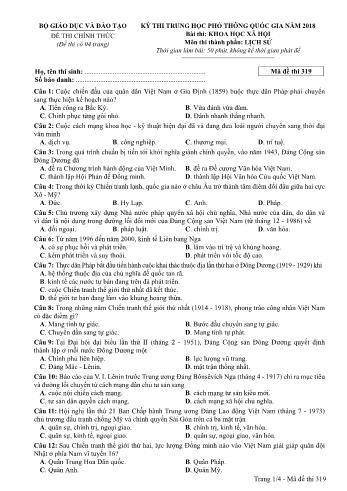 Đề thi chính thức môn Lịch sử THPT quốc gia năm 2018 - Mã đề thi 319 (Có đáp án)