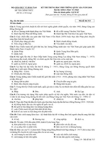 Đề thi chính thức môn Lịch sử THPT quốc gia năm 2018 - Mã đề thi 313 (Có đáp án)