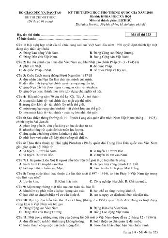 Đề thi chính thức môn Lịch sử THPT quốc gia năm 2018 - Mã đề thi 323 (Có đáp án)