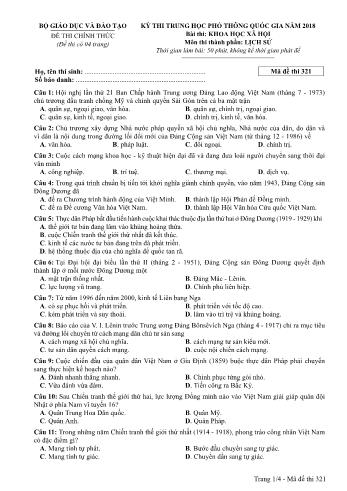 Đề thi chính thức môn Lịch sử THPT quốc gia năm 2018 - Mã đề thi 321 (Có đáp án)